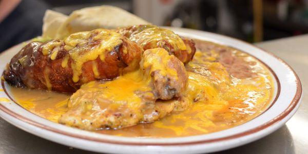 Grilled Chicken Chili Relleno Platter, with beans, and a tortilla