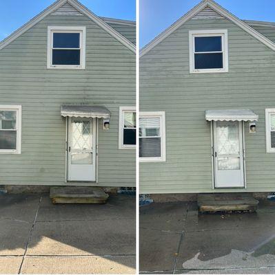 Before and after, the north side of my house with a super dirty door canopy.