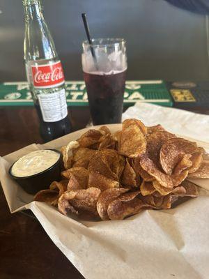 Calimocho and chips and onion dip