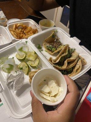 Tacos de carne asada with queso fresco when we paid extra for queso Oaxaca /chihuahua