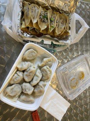 Steamed pork and celery dumplings, pork and celery potstickers. Both excellent!!!