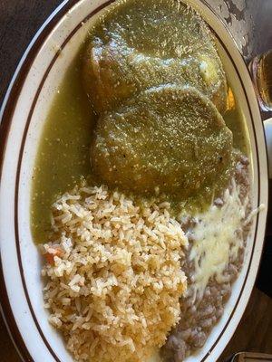 CHILE RELLENO'S with green sauce, beans and Spanish rice  super delicious