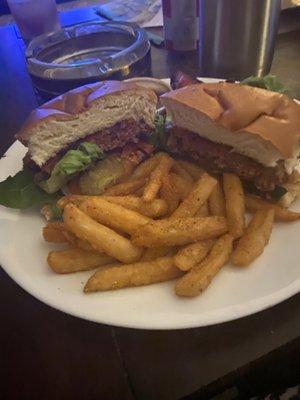 Takeout bacon cheeseburger and fries