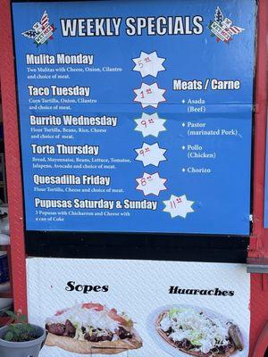 Weekly Specials. Prices as of summer 2024. Note they are currently closed Sundays