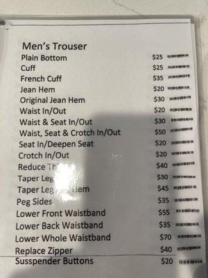 Men's alteration pricing