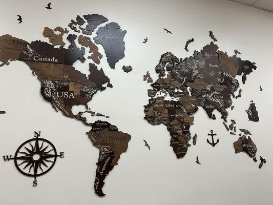 World map art on interior wall