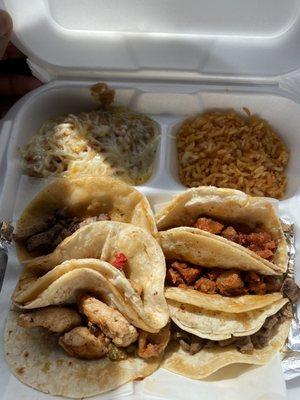 Taco plate (asada, pollo, pastor), beans and rice