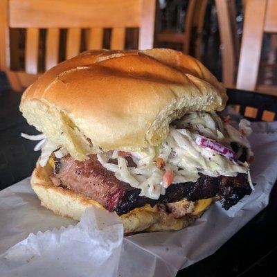 Brisket Burger with the BBQ sauce swapped out for cole slaw