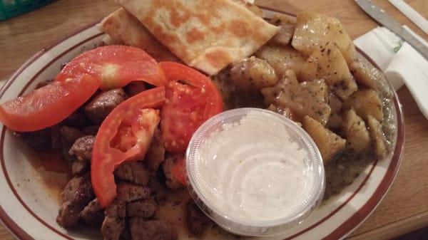 Beef souvlaki with greek potatoes.