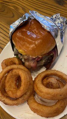 Burger and Onion Rings