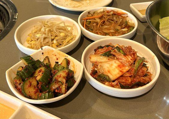 Banchan: Kimchi (so good!), cucumber kimchi (not so good), Japchae (yummy) and bean sprouts (no flavor)