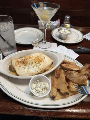 Halibut stuffed with crab cakes & steak fries