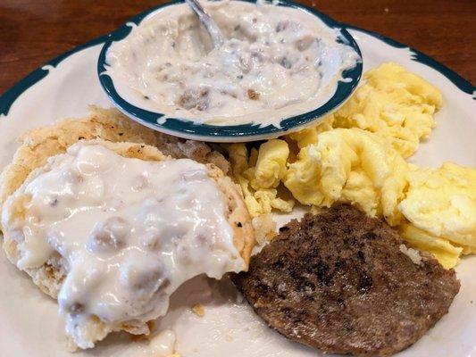 Flavorful, tasty breakfast--biscuits and gravy, sausage and eggs