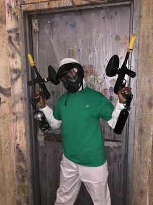 Right before entering the paintball room