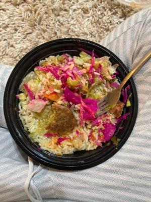 We ordered The falafel bowl. It is very bland, dry and no sauce or flavouring. just the falafel over rice. Very hard to eat.