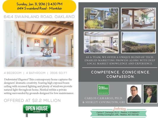 Sunday, Jan. 30 - OPEN HOUSE- 6414 Swainland Road, Oakland, CA 94611 (Montclair) -http://masonmcduffie.bhgre.com/agent/CarlosCamargo/homes/d