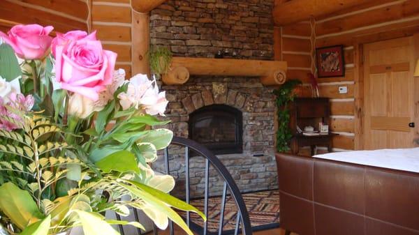 fireplace in the luxury log cabin