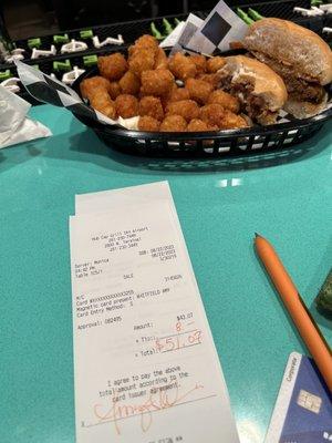 Burger, Tots, receipt