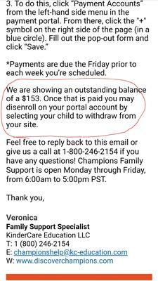 An email telling me to pay a balance for a program my son is not enrolled in but if I want to disenroll him I need to pay the balance.