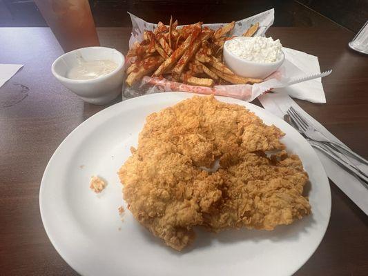 Pork Tenderloin Dinner w/Fresh cut fries and cottage cheese. Really good!! Could cut it with a fork.