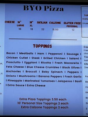 Pizza options & toppings