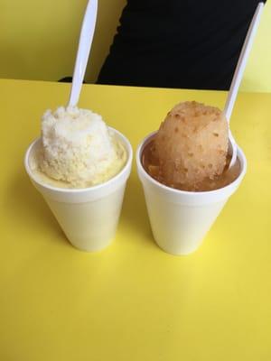 Raspado natural: L- vanilla con lechera (condensed milk) and R- guayaba.