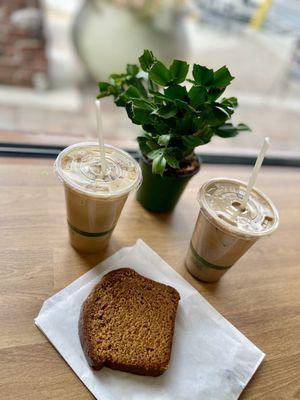 Iced mocha, dulce de leche, and pumpkin bread