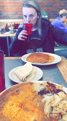 Huevos rancheros and pancakes!