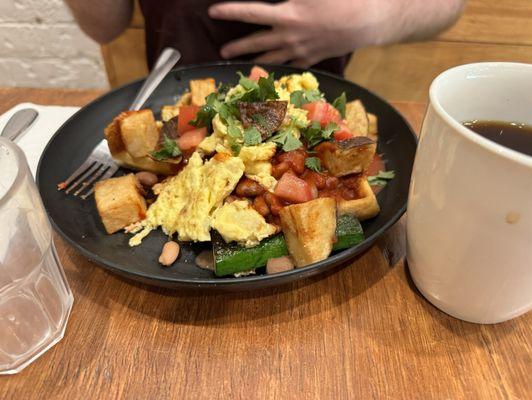 RANCHEROS BELGIAN WAFFLE, PINTO BEANS, SQUASH, CRISPY 15 POTATOES, RED OR GREEN CHILE, EGG, PICKLED RED ONION, AND TOMATO, CILANTRO