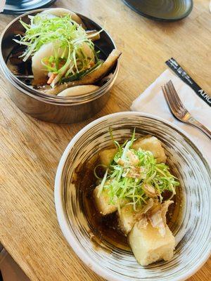 The pork bao bun and agedashi tofu.