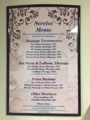 Our Service Menu of therapy and treatment options.