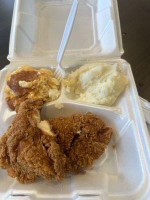 fried chicken, Mac and cheese, and mashed potatoes.