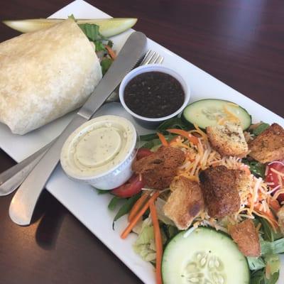 Half hummus/veggie wrap and half garden salad.