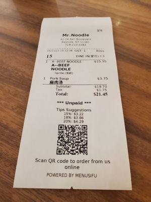 Receipt for soft opening. 1 person meal of Combo A: Beef Soup Noodle and Fresh Cucumber in Sauce. & Fu Zhou Meatball Soup.