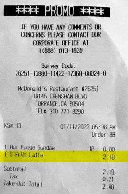 Receipt with incorrect charge.