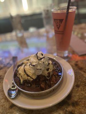 Hot Fudge Brownie Pizookie and prickly pear cider