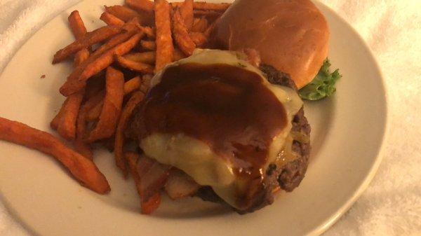 Black Rum Bacon Jack Burger with sweet potato fries