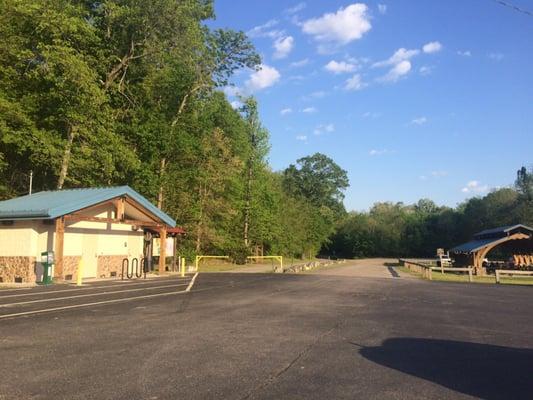 Heated restroom, large picnic area, bike wash.