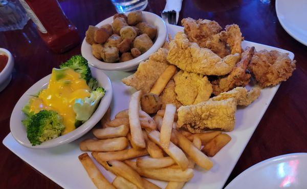 Catfish strips & shrimp, fried okra, broccoli and cheese, with fries.   Taken 01.13.24