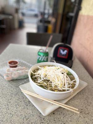 Special Combination Pho Veggie Egg Rolls And a sprite