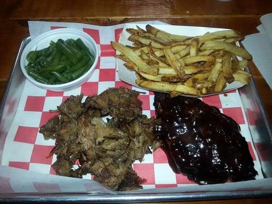 Two meat platter (ribs and brisket!!!) I was too late for the parsley potatoes so I settled for green beans and fries. Yum!