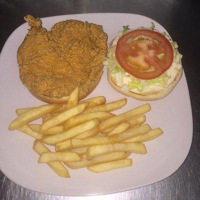 R U Hungry's hand battered 6oz chicken breast sandwich! It's served grilled or fried!