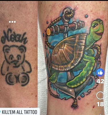 Coverup sea turtle tattoo done by Mike Sizemore at Kill Em All Tattoo