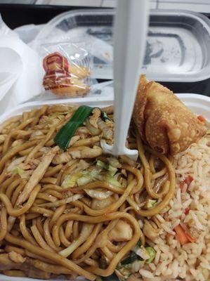 Chow mein combo with rice egg roll.