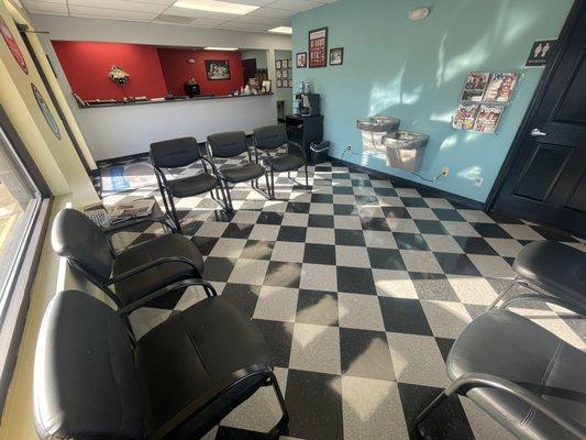 Waiting area looking towards the front counter.