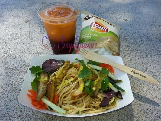 Thai noodles salad , bbq chicken , thai ice tea & chips