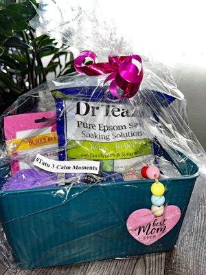 Calm Moments is a basket filled with healing bath salts, sponges and other favorite toiletries.