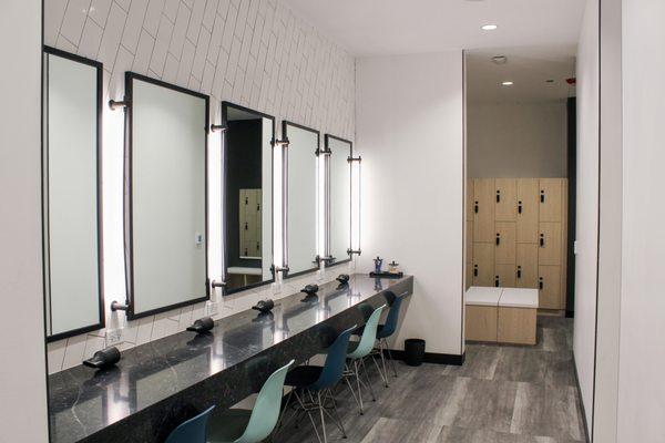 Women's locker room with Dyson hair drying station