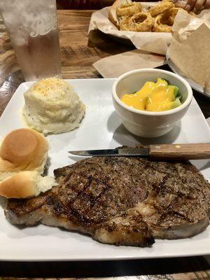 ribeye, mashed potatoes, and broccoli and cheese