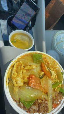 Chicken curry with pork fried rice and wonton soup